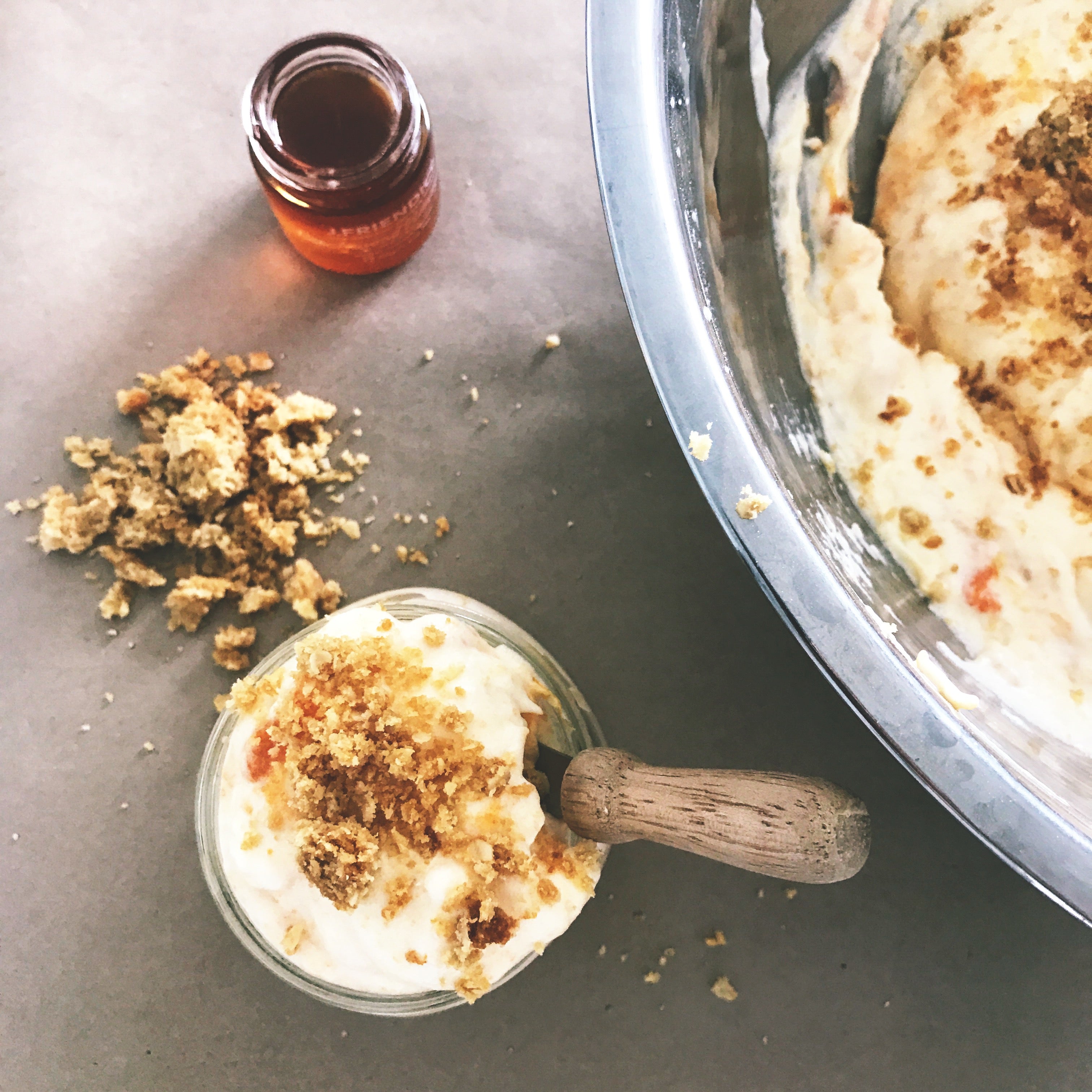 Roast apricot fool with honey oat crumbs